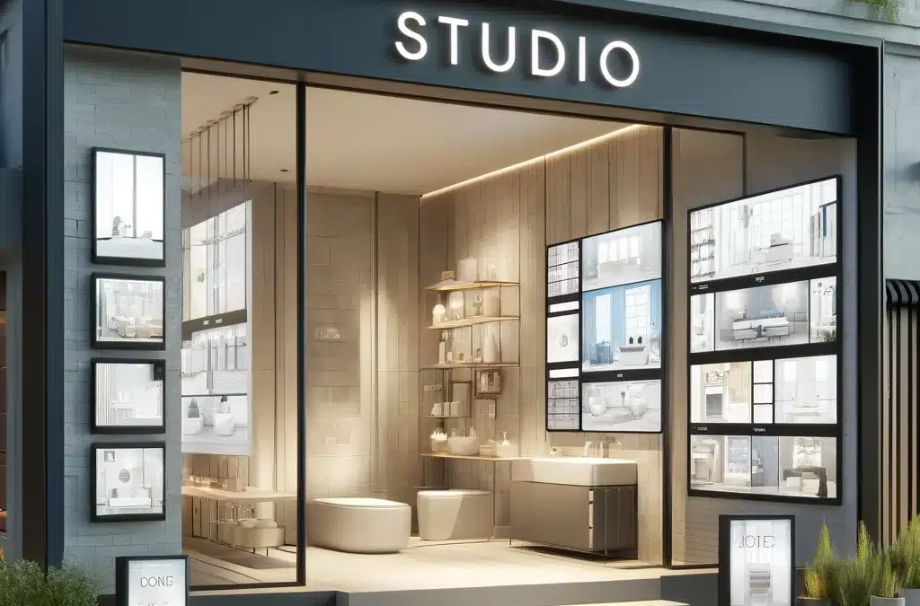 DALL·E 2024-06-07 09.01.30 – A modern exterior view of a bathroom studio designed as an online shop. The storefront has large digital displays showing contemporary bathroom fixtur