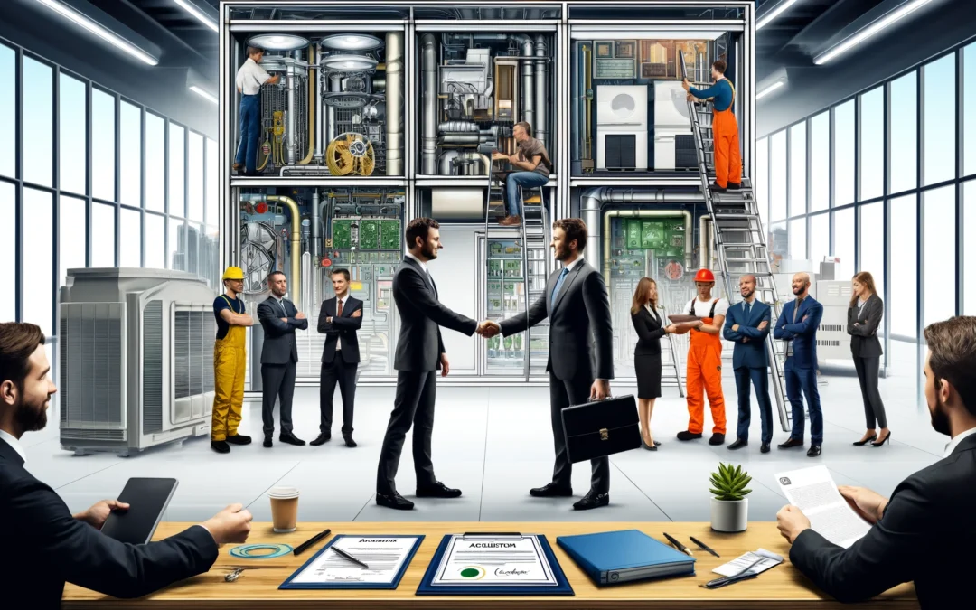 DALL·E 2024-06-11 11.22.09 – A professional scene depicting the acquisition of a large installation company. In the foreground, businesspeople are shaking hands, symbolizing the a