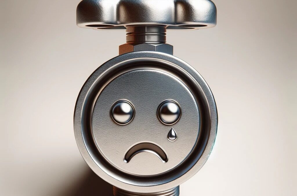 DALL·E 2024-07-08 09.50.38 – A detailed image of a shut-off valve used in plumbing or heating systems, with a cartoonish sad expression. The valve is metallic with a round handle,