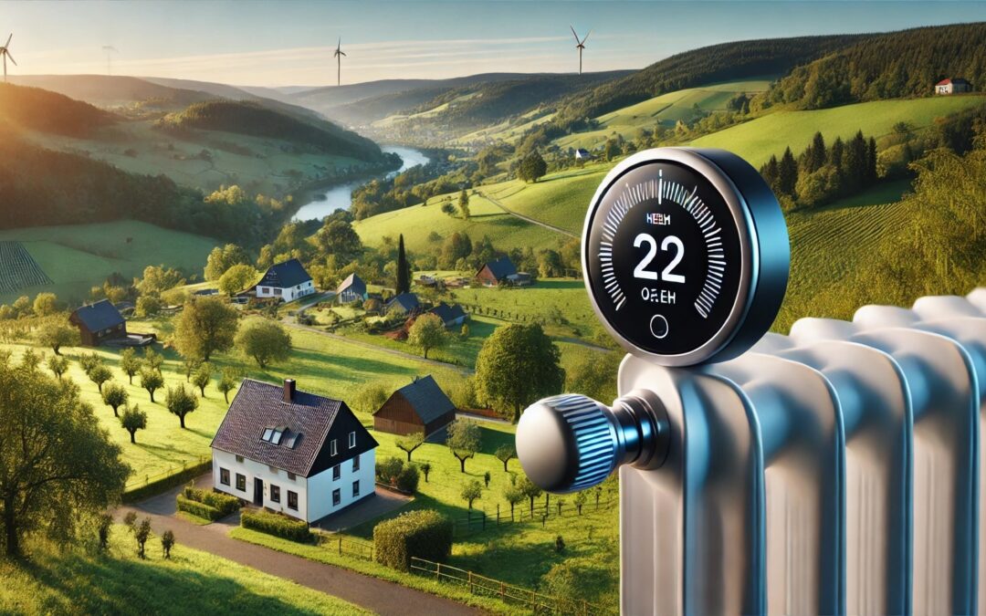 DALL·E 2024-07-08 16.17.44 – A modern radiator thermostat prominently placed in the midst of the scenic landscape of Sauerland, Germany. The thermostat is sleek and contemporary i