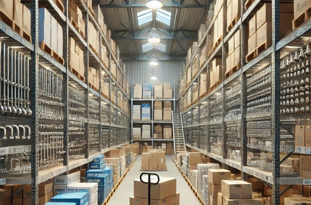 DALL·E 2024-07-08 17.00.37 – A warehouse filled with home technology items. The warehouse is spacious and well-organized with rows of shelves stocked with various home technology