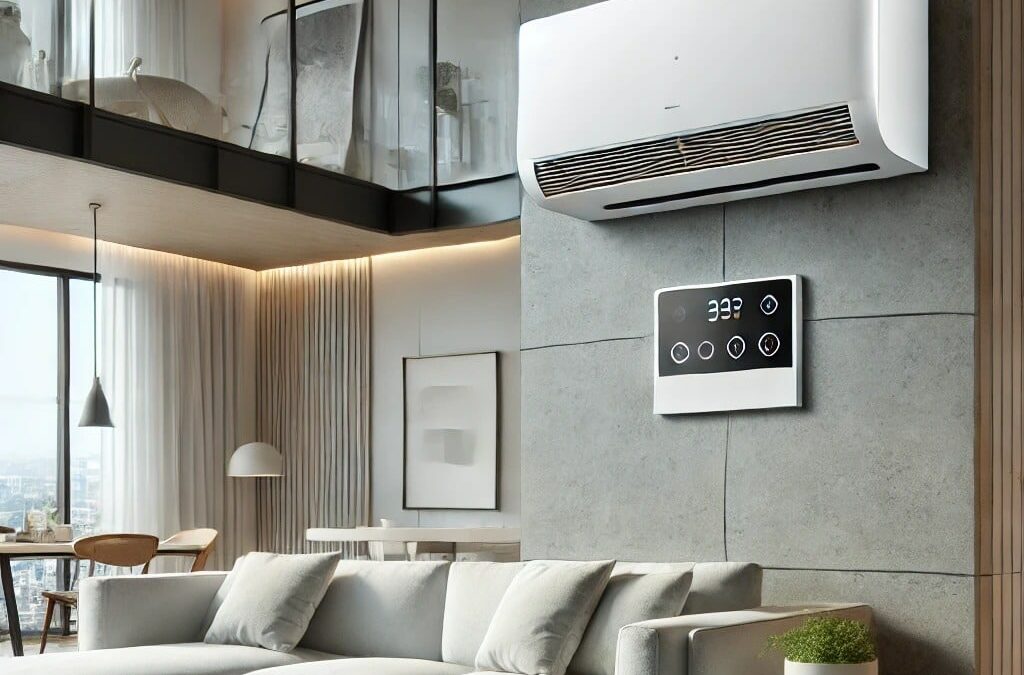 DALL·E 2024-07-12 08.12.11 – A sleek, modern residential ventilation system installed in a contemporary apartment. The device features a minimalist design with a white, glossy fin