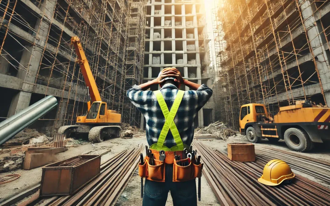 DALL·E 2024-07-15 09.10.00 – An installer with their back to the viewer stands in front of a construction site, holding their hands over their face in a gesture of frustration. Th