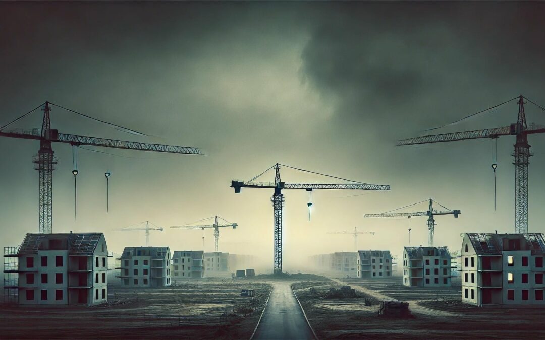 DALL·E 2024-07-18 08.15.45 – An image depicting a single construction crane on a construction site with a slightly overcast sky. The scene should reflect a decline in housing cons