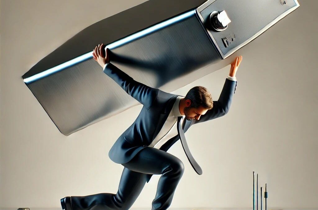 DALL·E 2024-07-22 10.59.14 – A manager in a suit struggling to lift a large, sleek, modern battery standing upright on a flat surface. The manager appears determined but strained,