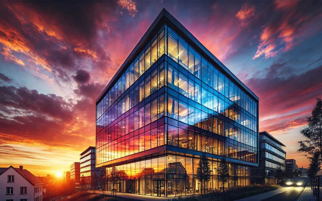 DALL·E 2024-07-22 13.31.53 – A modern office building with large glass windows reflecting the colors of a stunning sunset. The sky is painted in hues of orange, pink, and purple.
