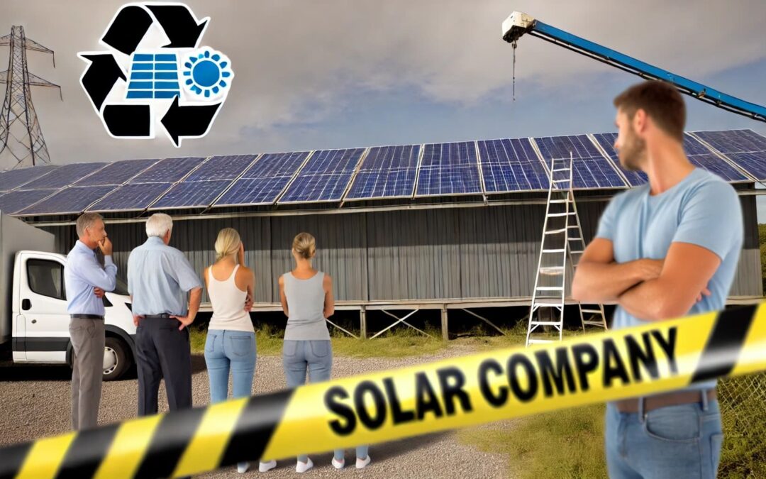 DALL·E 2024-08-05 10.14.42 – An image showing the concept of a solar company scandal. The background features a partially constructed solar panel installation site with unfinished