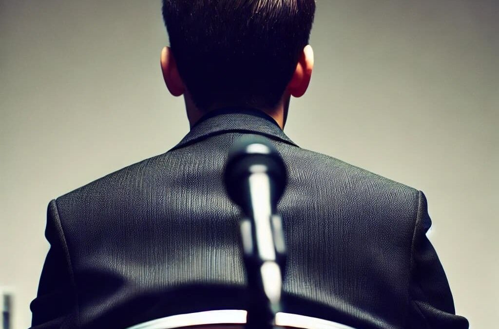 DALL·E 2024-09-04 13.06.03 – A silent spokesperson seen from behind, sitting at a press conference table. The person is wearing a suit, with their posture suggesting calmness and