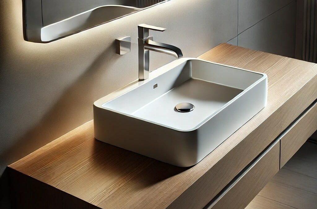 DALL·E 2024-09-05 15.42.44 – A sleek and modern washbasin with minimalist design. The basin features a rectangular shape, with clean lines and a smooth, glossy surface. It is moun