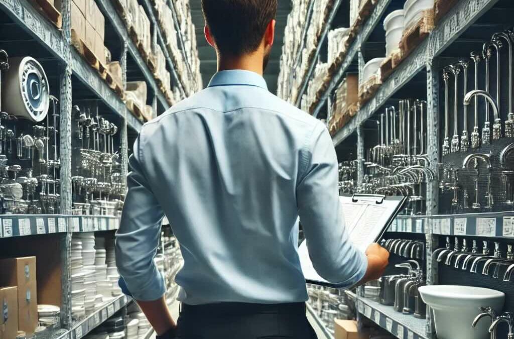 DALL·E 2024-09-16 13.13.56 – A rear-view image of a purchasing manager at a sanitary ware distributor. The person is dressed in business attire, standing in front of shelves stock