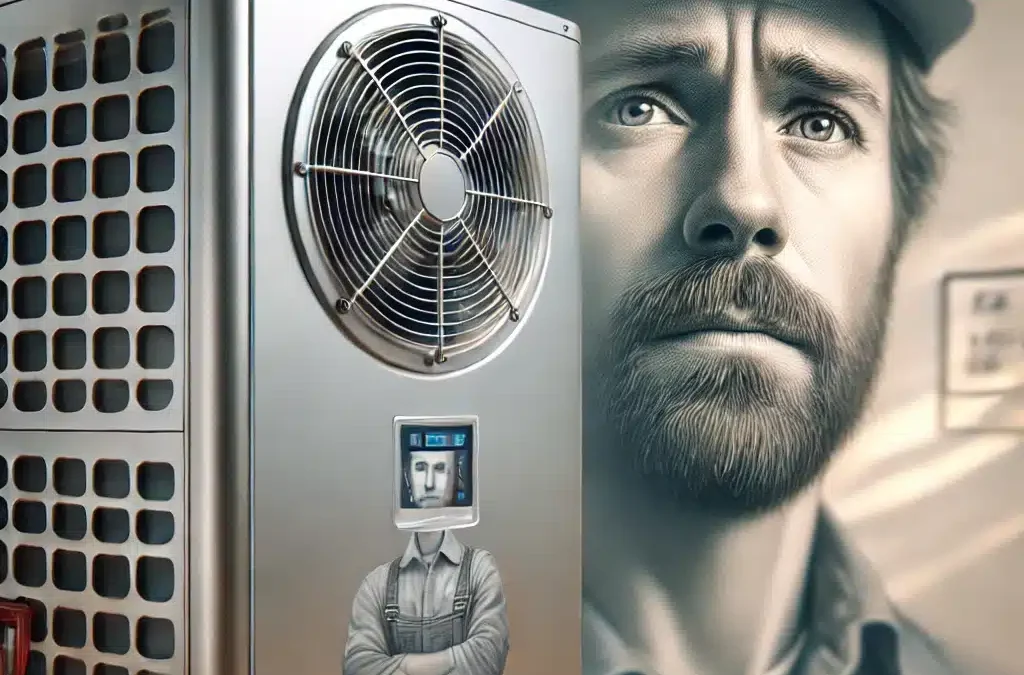 DALL·E 2024-10-24 09.32.40 – A detailed image showing a modern air-to-water heat pump unit in the foreground, with metallic casing and vents visible. Behind the heat pump, the fai